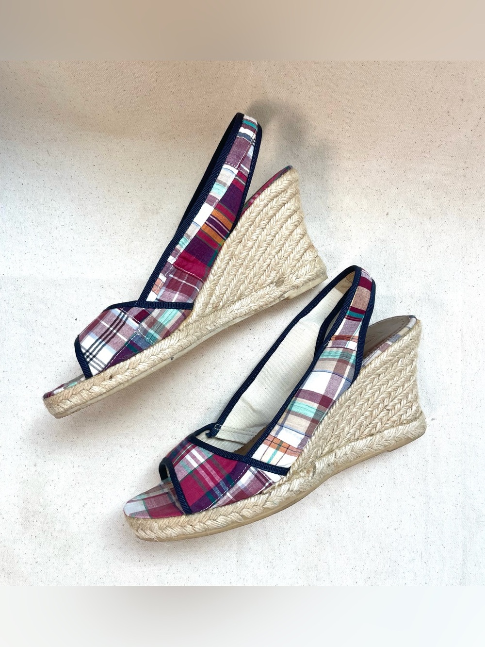 J. Crew Pink Plaid Espadrille Wedge Sandals - Picture 5 of 8